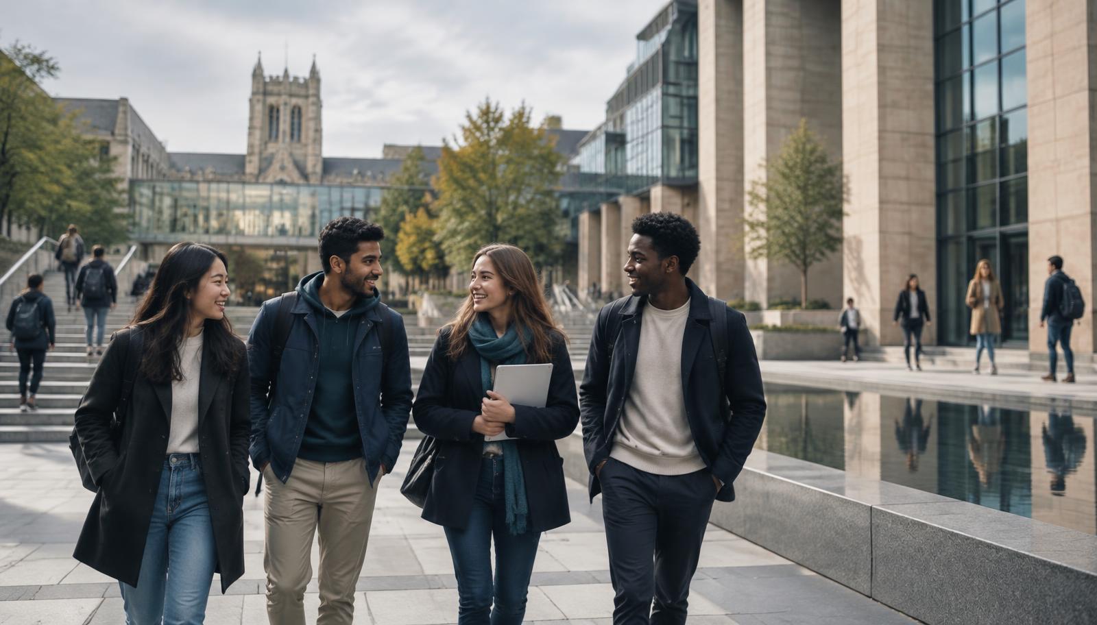 Students walking through an international university campus